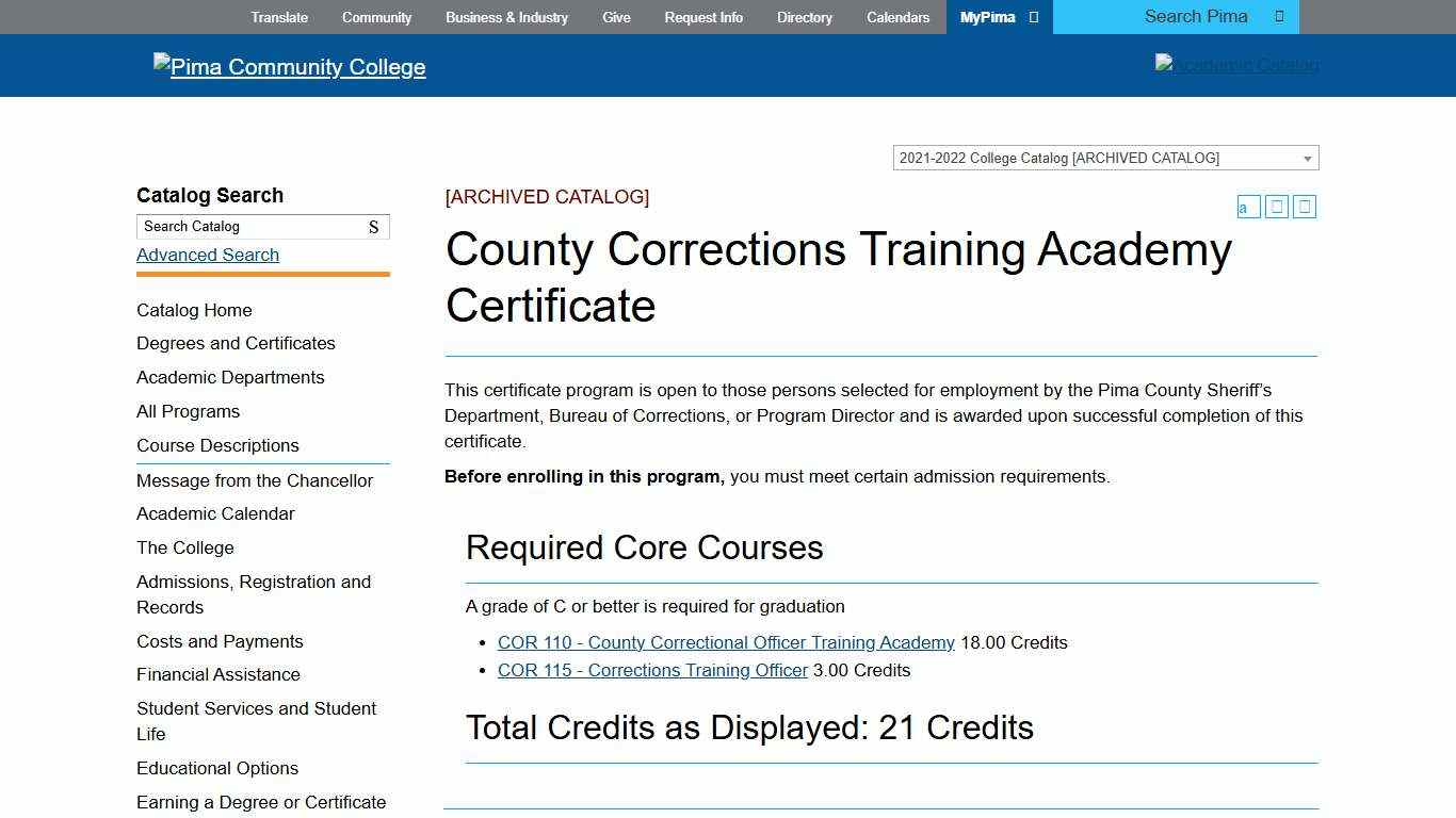 Program: County Corrections Training Academy Certificate - Pima Community College