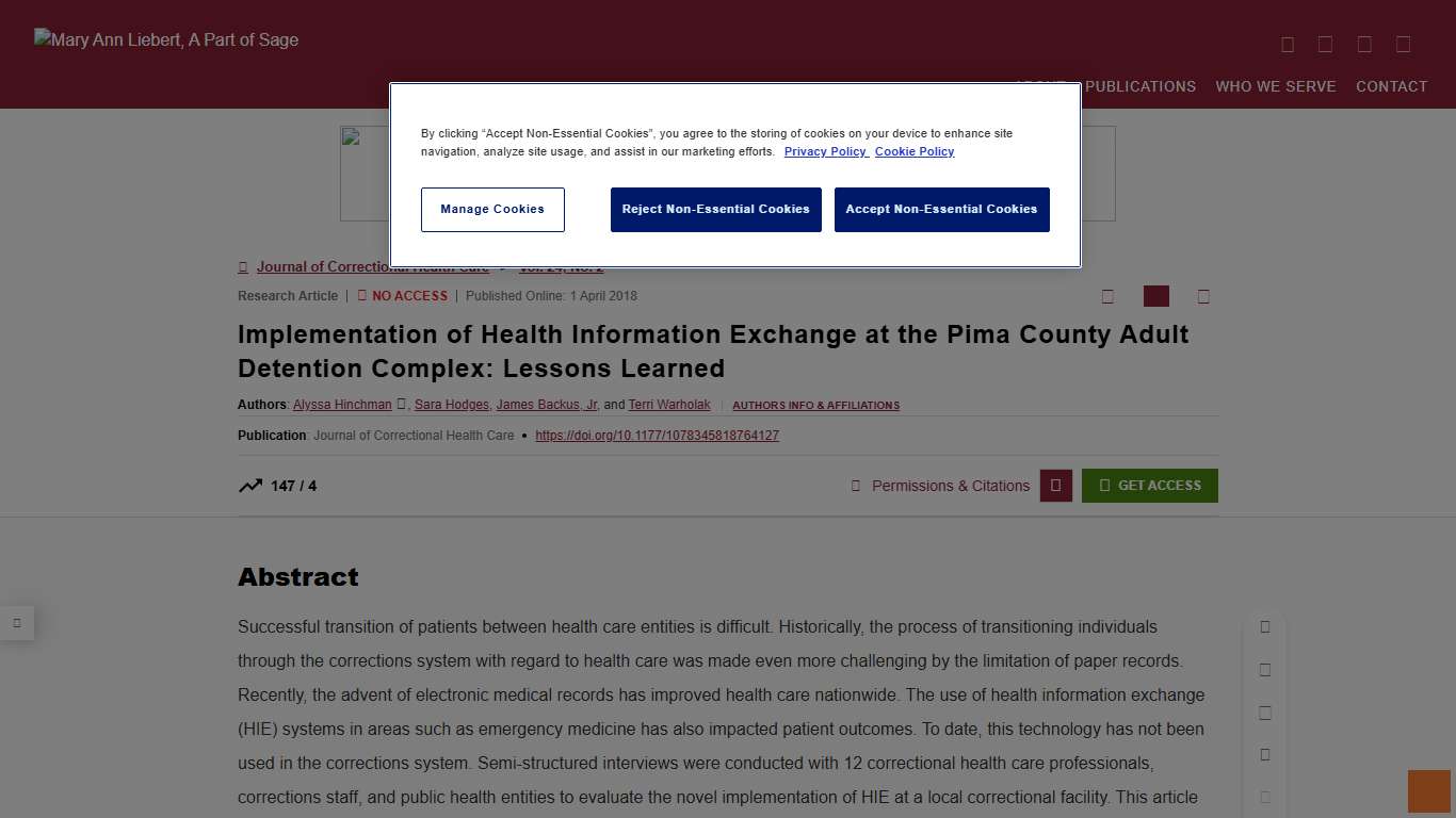Implementation of Health Information Exchange at the Pima County Adult Detention Complex: Lessons Learned Journal of Correctional Health Care